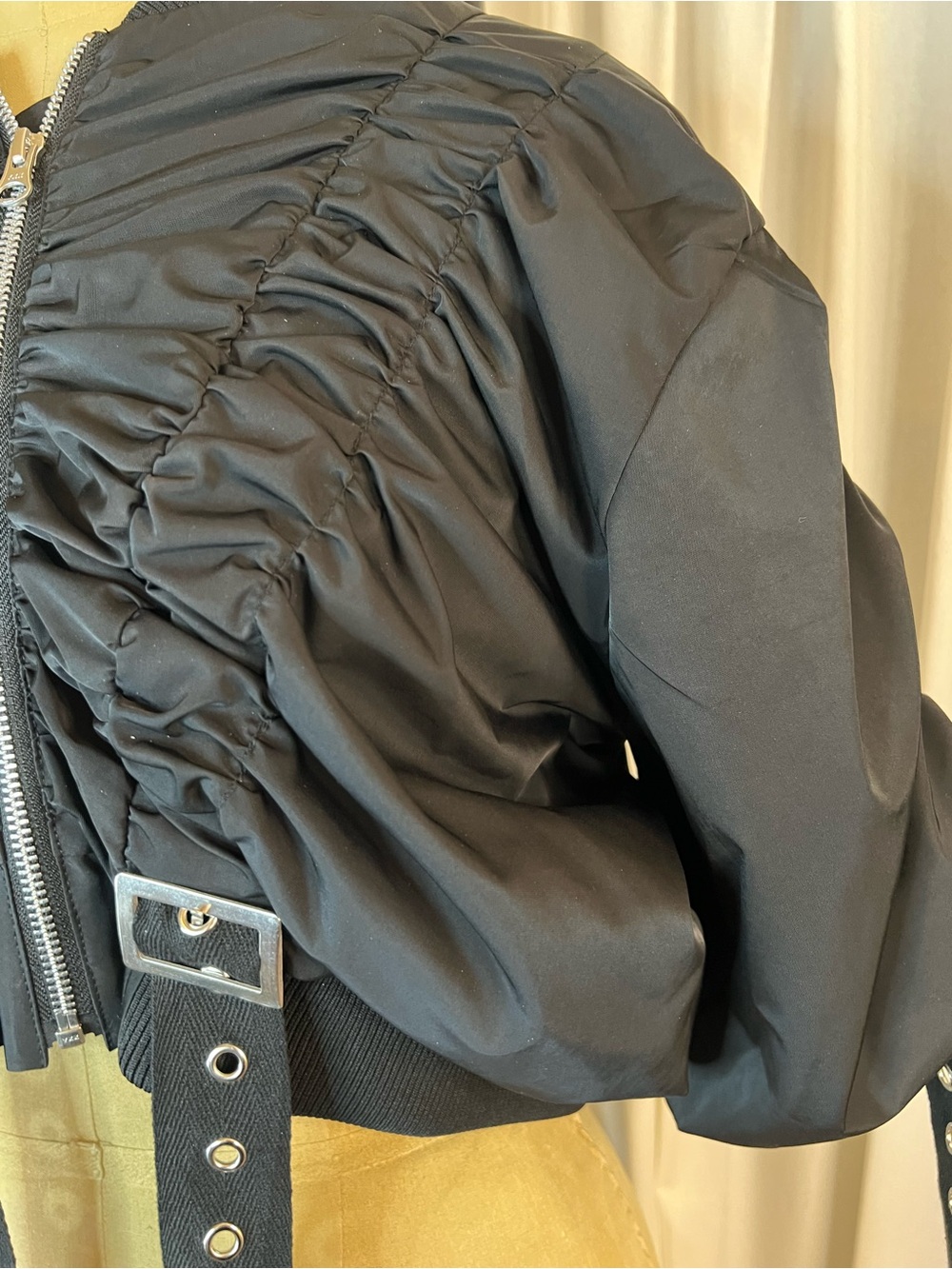 MURUA Japan Street Y2K StyleBlack Ruched croppedBomber Jacket with Buckle Straps - Picture 2 of 7